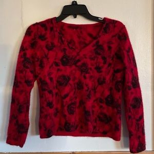 Soft Red And Black Rose Print Sweater